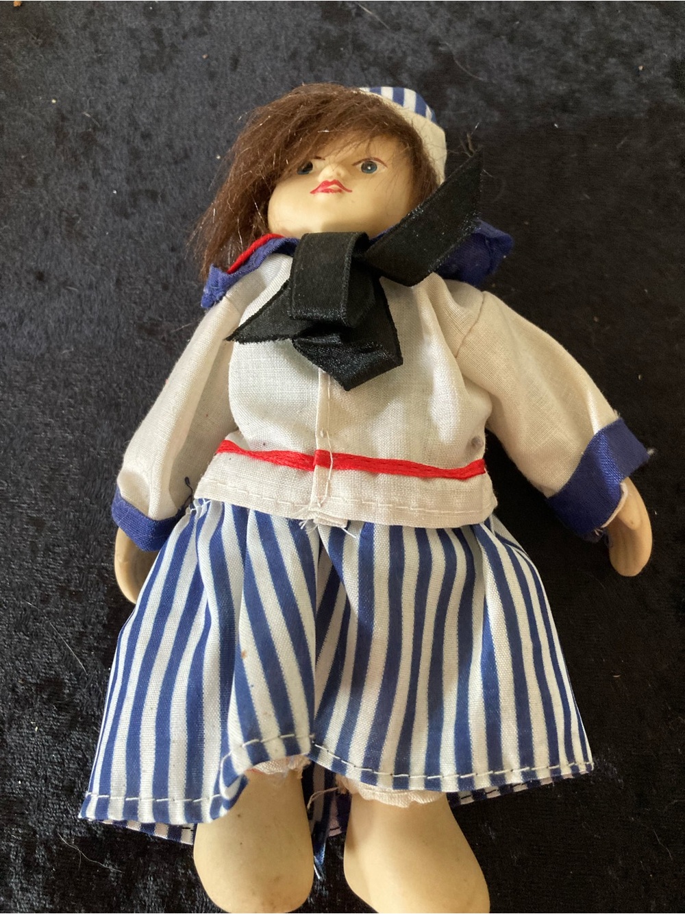 Classic Sailor Doll Bisque Porcelain & Cloth in Blue and White Striped Outfit